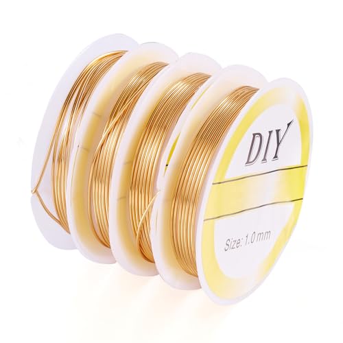 4 Rolls 18 Gauge 14K Gold Plated Copper Wire 1 mm Flexible Metal Jewelry Beading Wire Soft Craft Wires Tarnish Resistant Gold Wires for DIY Crafts Earrings Bracelets Rings Jewelry Making - color: Golden, size: 1 mm / 18 Gauge