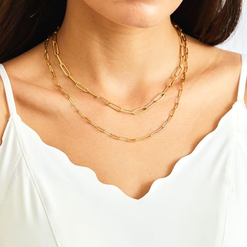 RWQIAN 18k Gold Paperclip Chain Link Necklace Dainty Paperclip Link Chain Layered Necklace Oval Link Chains Necklaces Set for Women Girls - color: 18K Gold-Paperclip Chain