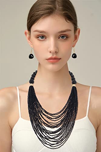 Bocar Necklace for Women, Multi Layer Statement Necklace, Long Chain Chunky Bib Seed Beads Necklace, Necklace Earring Set for Women Gift (NK-10693) - color: Black