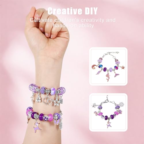 Emibele Girls Charm Beads Bracelet Making Kit with Portable Jewelry Box, Jewelry Making Kit for Kids Age 5 6 7 8-12, DIY Arts Crafts Toys for Teens Girls Gift Choices on Birthday Valentines Christmas - color: B-Purple