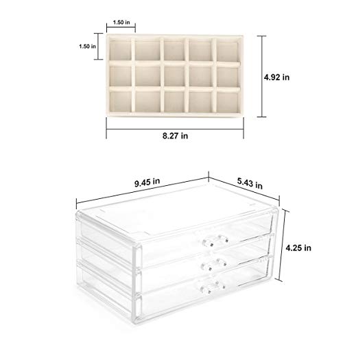 FEISCON Acrylic Jewelry Organizer Makeup Cosmetic Storage Organizer box Clear Jewelry Case with 3 Drawers Adjustable Jewelry Box Velvet Trays grid size - size: 3 layer