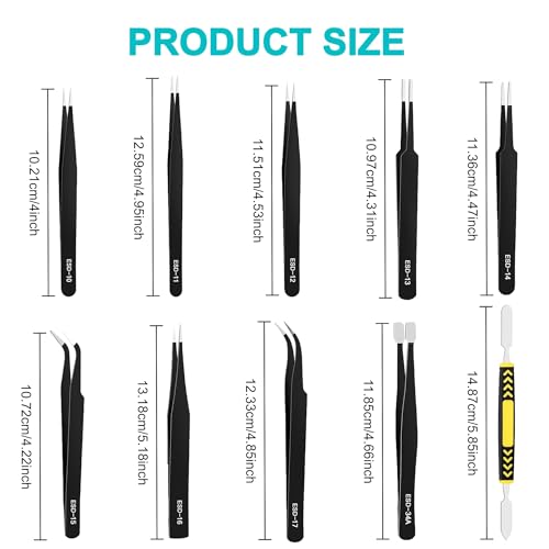 Precision Tweezers Set 10 Piece, ESD Safe Anti-Static Stainless Steel Kit with Case & Pry Tool for Electronics Repair, PCB Soldering, Jewelry Making, Watch Repair, Lab and Craft Work
