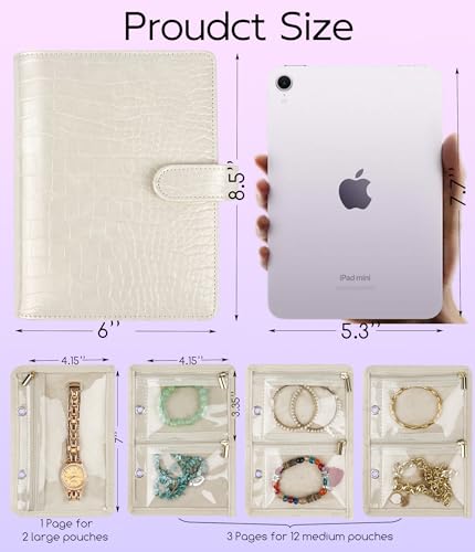 Travel Jewelry Organizer Case,Small Jewelry Bags Jewelry Storage Book Ring Binder with Clear Zipper Velvet Pouch for Traveling - color: Beige