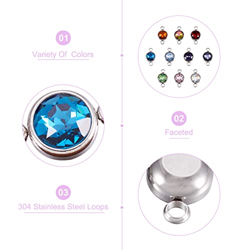Pandahall 20pcs Mixed Color Glass Gemstone Pendants Flat Round Glass Links Charms with Double 304 Stainless Steel Bail Connectors for Bracelet Jewelry Making (Silver)