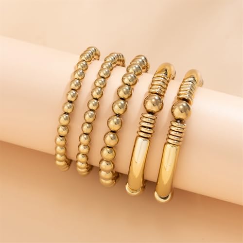 5Pcs Gold Bead Bracelets Set for Women,14K Gold Plated Stackable Bead Ball Bracelets Set,Adjustable Chunky Bangles Bracelets,Boho Stretch Bead Ball Bracelet for Women - color: 5Gold