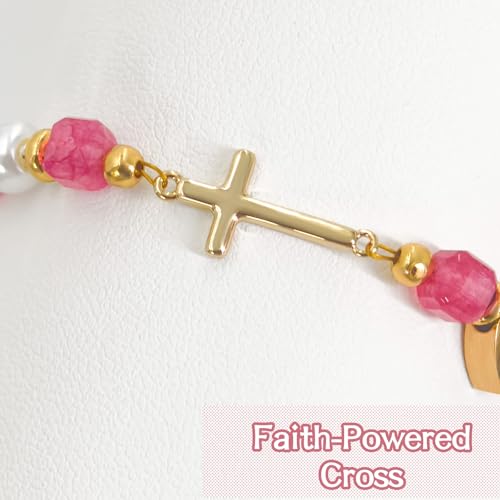 Birthday Number Cross Bracelet for Girls Ages 1-8, Strawberry Quartz & Pearl Beaded Bracelet with Gold-tone Cross & Heart Number, Adjustable Clasp Bracelet, Silver Gift Box - style: 7TH