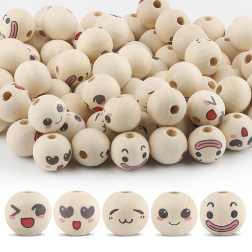 50PCS Wooden Beads for Crafts, 20mm Smile Wooden Beads with Holes, Natural Round Face Wood Bead for DIY Crafts, Jewelry Making, Angel Decorations(Style 3) - color: Style 3