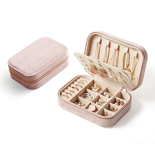 CASEGRACE Plush Velvet Travel Jewelry Box, Portable Jewelry Case for Women Girls, Double Layer Jewelry Organizer Display Box for Necklace Earring Rings Bracelet, Travel Accessory Gifts, Pink - color: Pink, size: Velvet