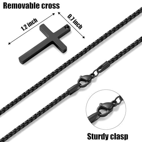Fiusem Cross Necklace for Men, Silver/Gold/Black Mens Cross Necklaces with 2.5mm Cross Chain and Stainless Steel Cross Pendant, Box Chain 16-24 Inch, Jewelry Gift - size: 20.0 Inches, style: Small Black cross: 1.2" * 0.7"