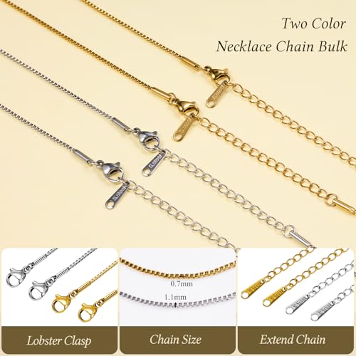 Jabogrii 20 Pack Box Necklace Chain for Jewelry Making Gold and Silver Necklace Bulk Stainless Steel Chain Craft Jewelry with Adjustable Extender for Women - color: Box Chain