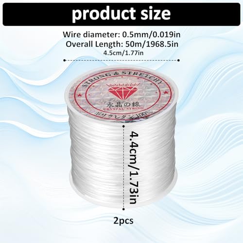 2 Rolls 0.5 mm Stretchy Bracelet String, Elastic String for Bracelets, Clear Elastic Cord, Clay Bead Cord, Jewelry Thread, Wear-Resistant Bead Stings for Bracelet, Necklaces, DIY Crafts (50 m/Roll