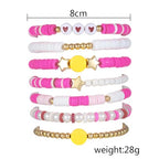 COLORFUL BLING 5-12Pcs Bohemian Love Heart Bead Bracelets for Women Vinyl Disc Heishi Surfer Stackable Stretch Bracelet Summer Beach Boho Jewelry - color: 7pcs pink face