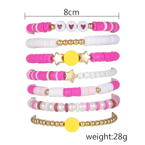 COLORFUL BLING 5-12Pcs Bohemian Love Heart Bead Bracelets for Women Vinyl Disc Heishi Surfer Stackable Stretch Bracelet Summer Beach Boho Jewelry - color: 7pcs pink face