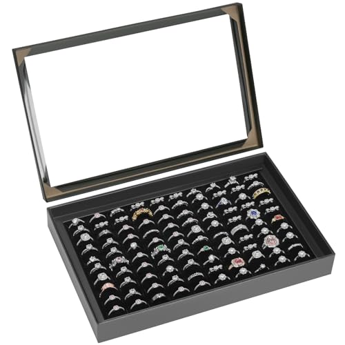 KUKUVR 100 Slots Ring Earring Holder Display Case, Velvet Jewelry Ring Earring Storage Organizer Box Tray with Clear Lid for Women And Selling Show (Black) - color: Black