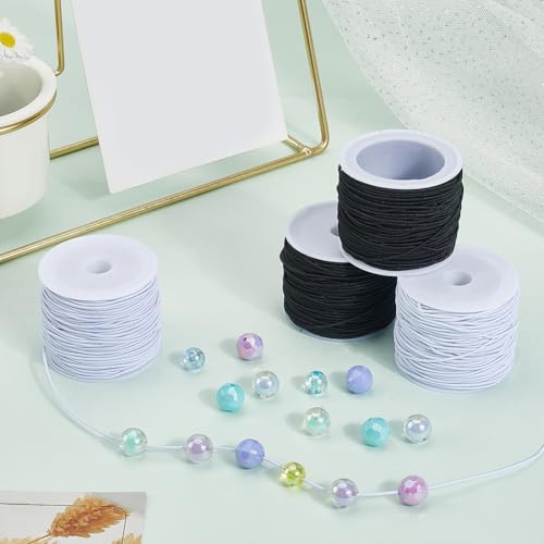 4 Rolls 1MM 80 Yards Elastic String Cords Round Sturdy Stretchy Black White Soft Fibre Beading Thread Art Sewing Accessories Cord for Jewelry Making Necklace Bracelet Adult Diy Craft Supply - size: 1mm