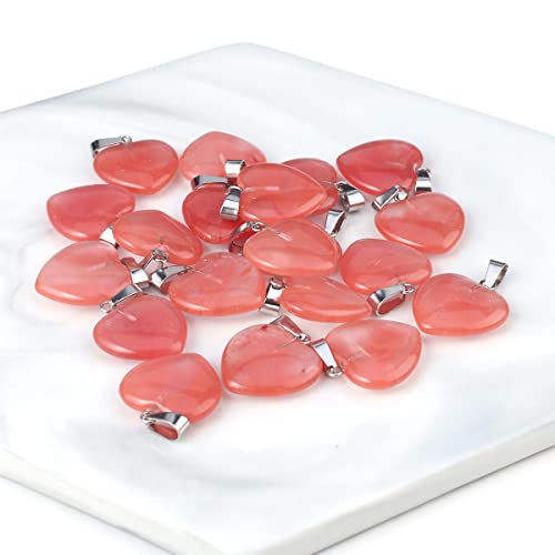 LE SKY 20 Pcs natural stone pendants heart shape healing stone charms for jewelry making - color: watermelon red stone