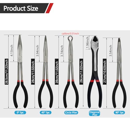 5-Piece 11" Extra Long Needle Nose Pliers Set with Insulated Comfort Grip, Straight Long Reach Plier, 45/90°Bent Nose Pliers,O-shaped nose plier,Diagonal Plier for Bending Shaping Trimming - size: 5Pcs-Straight/45/90