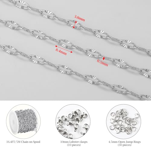 KYUNHOO 16.4 Feet Silver Stainless Steel Chains Bulk Embossed Lip Chain Roll Soldered Cross Link Chains Cable Chain with Jewelry Clasps for Handcraft Making - color: Cross Oval Silver