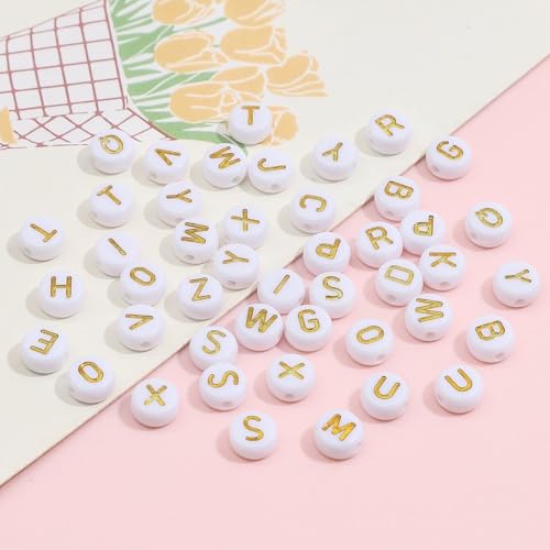 1000pcs 4x7mm Letter Beads, Acrylic Alphabet Beads A-Z Round Letter Beads for Friendship Bracelets Necklaces DIY Crafts Gifts Jewelry Making (White Gold) - color: White