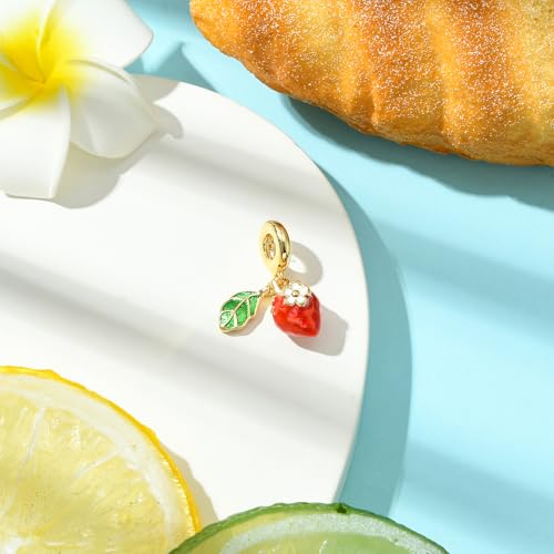 Charms for Jewelry Making Real 18K Gold Plated Dangle Charms Large Hole European Brass Pendant for Bracelet Necklace Women Gift - style: Strawberry