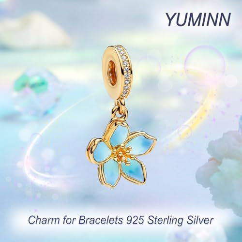 925 Sterling Silver Charms for Bracelets Gold Love and Heart Charms Cherry Blossom Dangle Beads Jewelry for Women - color: Blue Cherry Blossom with Gold Rim