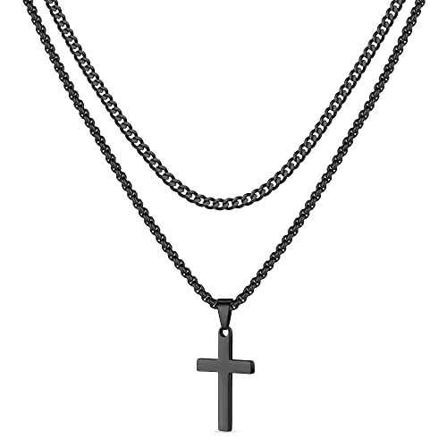 LUXEJEW Cross Necklace for Men Boys - Gold Silver Black Stainless Steel Cross Pendant Necklaces Layered Cuban Link Chain Necklace Jewelry Gifts 16 18 20 22 24 Inches - color: Black, size: 16in/18in, style: Style A-Small Pendant