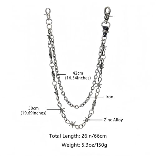 Layered Punk Pants Chain for Men Women, Gothic Hip Hop Jean Chain Wallet Chain Biker Trouser Chain, Goth Emo Fashion Keychain Accessories - color: 2L-Black Barbed