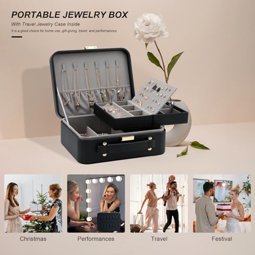 Large Jewelry Travel Organizer, 2 Layers Jewelry Box with Tray Black - color: Fashion Black