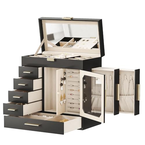 HOOBRO Jewelry Box with Mirror, Jewelry Organizer Box with Capacious Storage Space, Jewelry Holder Organizer, Hand-Held Jewelry Case, Glass Cover, Modern Style, Black and Light Gold BK06JB04G1 - color: Black + Gold