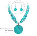 Layered Beads Statement Fashion Necklace Chunky Jewelry Set Big Colorful Glass Stone Circle Shell Pendant Choker Necklace and Earring Set for Women - color: Turquoise