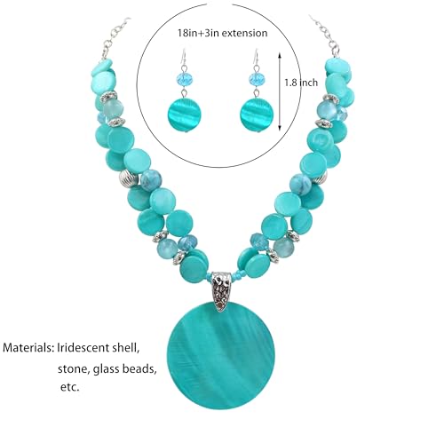 Layered Beads Statement Fashion Necklace Chunky Jewelry Set Big Colorful Glass Stone Circle Shell Pendant Choker Necklace and Earring Set for Women - color: Turquoise
