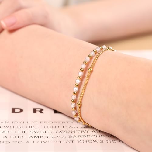 Peridot Stand Silver Gold Bracelets, Handmade Birthstone Stack Bracelet Crystal Gemstones Bead Chain Gift for Women, 8" - color: White Zircon