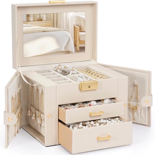 TORIBIO Jewelry Box for Women, Leather Jewelry Organizer with Mirror & Lock, 3-Tier Jewelry Storage Organizer with 2 Drawers for Girls/Women/Mothers, Necklace Earring Bracelets Holder Organizer - color: Beige Yellow, size: 3 Layer