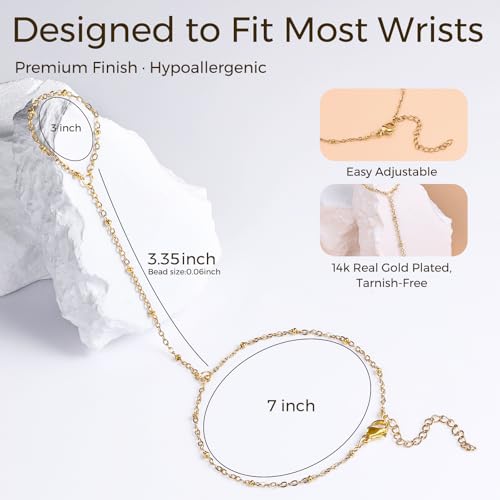 Gold Hand Chain Bracelet for Women, Ring Bracelet Hand Chain Non Tarnish Waterproof Dainty Finger Bracelet Beaded Cubic Zirconia Layered Twist Link Stack Bracelets Trendy Jewelry Gift for Her - color: Bead Chain