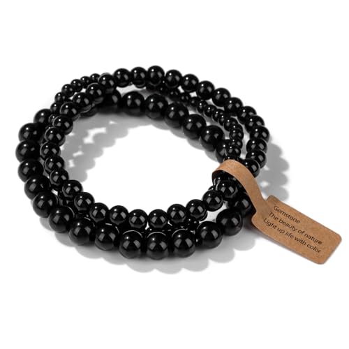 3 PCS Healing Crystal Bracelets for Women 8mm Natural Stone Beaded Stretch Bracelet Amethyst Jewelry Gifts - color: 4,6,8mm Black Onyx