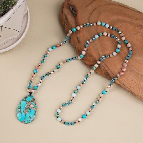Long Necklaces for Women Boho, Oval Waterdrop Turquoise Pendant, Natural Stone Beaded, Handmade,Vintage & Elegance, Boho Fashion Charm Beaded Necklace for Women - style: B-Turquoise Pendant