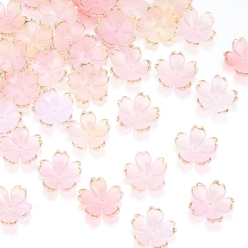 120Pcs Cherry Blossom Acrylic Flower Beads, Shiny Gold-Plated Floral Spacer Beads 5-Petal Gradient Floral Beads for Necklaces Bracelets Earrings DIY Adult Jewelry Making (Pink-Yellow Gradient - color: Pink-Yellow gradient, size: Flower Beads