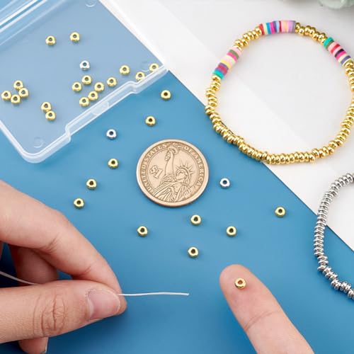 PH PandaHall 200pcs 4mm Spacer Beads, 2 Colors Flat Round Heishi Bead Metal Loose Beads Spacers for Heishi Clay Bead Summer Stackable Necklace Bracelet Jewelry Making, Golden Platinum