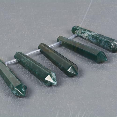 50mm Natural Moss Agate Hexagonal Wand Jewelry Making Crystal Pointed Chakra Reiki Healing Beads 2mm Hole Drilled(Pack of 5) - color: Moss Agate