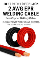 2 AWG EPR Welding Cable, Pure Copper Battery Cable, Flexible Power Wire for Car, Inverter, RV, Solar, Audio, Marine Applications, Black and Red (10 FT Black+10 FT RED, 2 AWG) - color: 10 FT BLACK+10 FT RED
