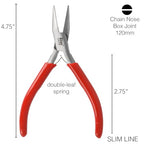 The Beadsmith Slim Line Chain Nose Pliers, 4.75 inches (120mm) with Polished Steel Head, red PVC Comfort Grip Handle with Double-Leaf Spring, Tool for Jewelry Making