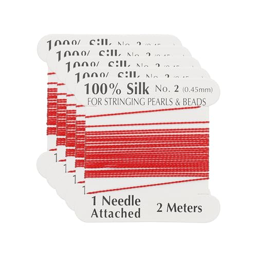 PATIKIL Silk Cord Thread, 5 Pcs Pure Silk Beading Thread Cord Size 0.45 mm with The Knotting Pearls Needle Attached, Red - color: Red