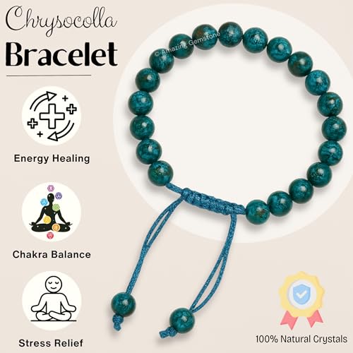 Amazing Gemstone Chrysocolla Bracelet, Gifts For Men & Women - Protection Healing Crystal Bracelet - 8mm Gemstone Beaded Adjustable Bracelet, Pulseras Para Hombres Mujer Stocking Stuffers - color: Chrysocolla