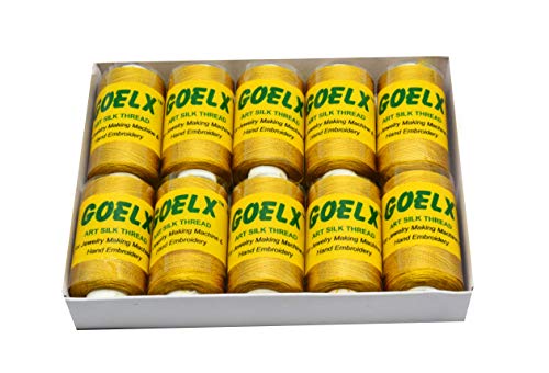 Goelx Silk Thread by Shade No for Jewelry, Tassel Making, Embroidery, Crafts, Shiny Soft Thread Spools - Golden - 140 - color: Golden - 140