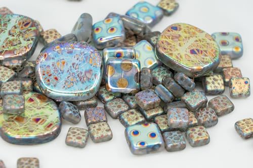 1.75 oz (50g) Mix of Unique Czech Bohemia Glass Pressed Beads, Light Blue AB Sliperit, Patterned, Matte and Glossy, Hand Made BCV - color: FAN Mix Light Blue AB Sliperit