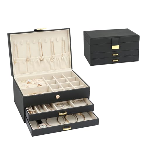 Jewelry Holder Organizer, Leather Jewelry Set Box with 2 Drawers, Jewelry Storage Box for Women Girls(Black) - color: Black A, size: 3-Layer