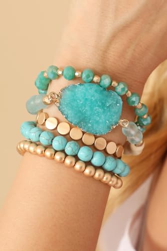 RIAH FASHION Bohemian Acrylic Druzy Multi-Layer Bead Statement Bracelet - Versatile Faux Stone Pendant Stretch Strand Stackable Cuff Bangle Set Sparkly Crystal - color: Acrylic Druzy & Natural Stone Bead Aqua Turquoise