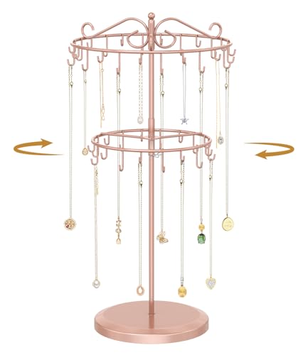 MODOWEY Necklace Holder Organizer Rotating Display, 42 Hooks Stand Adjustable Tree for Long Chain Storage, 2 Tier Tabletop Metal Hanger Rack for Men Women, No More Tangled Pendant Jewelry, Rose Gold - color: Rose Gold