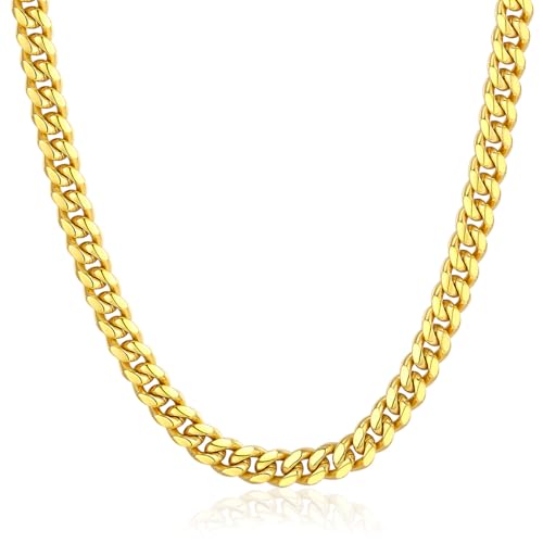 ChainsPro Stainless Steel Cuban Link Chains for Men, 4.8/6/10/14mm Width Cuban Chain Necklace, Black/18K Gold Plated/Silver No Tarnish Chains Jewelry for Men, 18-30 inch Length Hip Hop Miami Necklace, Send Gift Box - color: F:6mm Width-gold plated, size:
