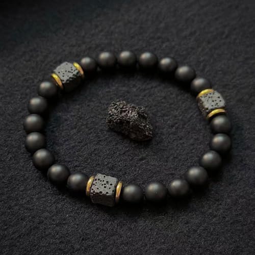 Elastic Adjustable Mens Bracelet - 8mm Black Onyx & Lava Stone Beads Bracelets Jewelry Gift for Men, Beads Charm Bracelet with Elastic Cord, Birthday Gifts for Him Dad Husband
